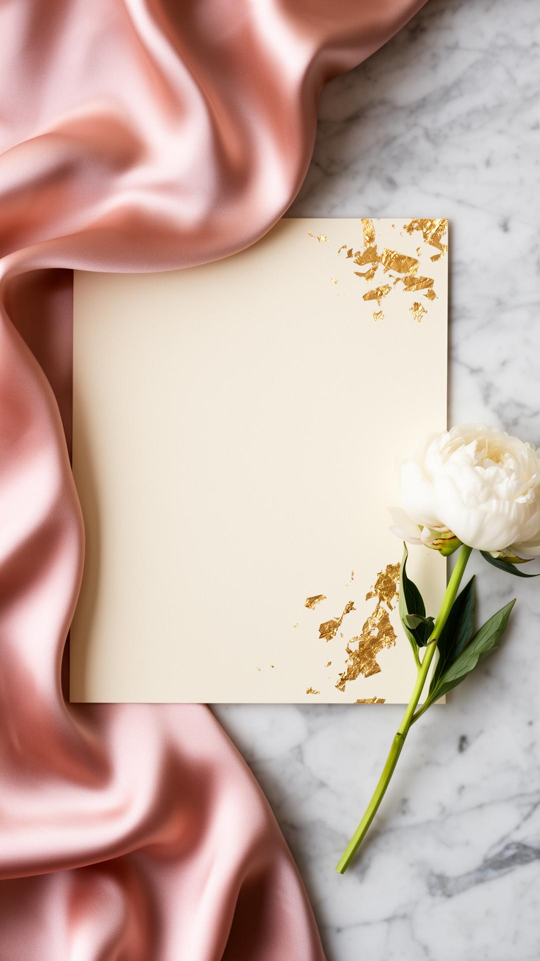 Editorial luxury branding flat lay with blush silk, gold accents and white peony